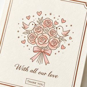 Busta per Biglietto di Ringraziamento Personalizzata per Matrimonio, Bordo Oro Rosa, Illustrazione Uccelli e Rose, Sigillo con Strass, Testo Testurizzato Rosa Cipria - Product Image 4