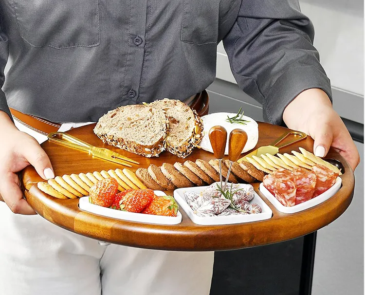 Высококачественная деревянная разделочная доска из акации, набор больших деревянных досок для сыра и посуды с 3 керамическими блюдами