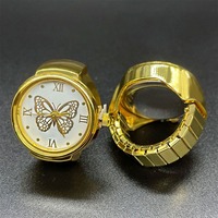 Anillo de Reloj Ajustable con Banda Elástica, Estilo Vintage, con Mariposa, Mini Reloj de Cuarzo Decorativo para el Dedo, con Números Romanos, para Mujer