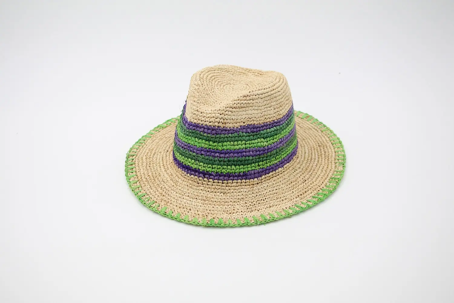 K tre colori abbinati rafia fatto a mano all'uncinetto cappello Panama Unisex cappello da vacanza al mare