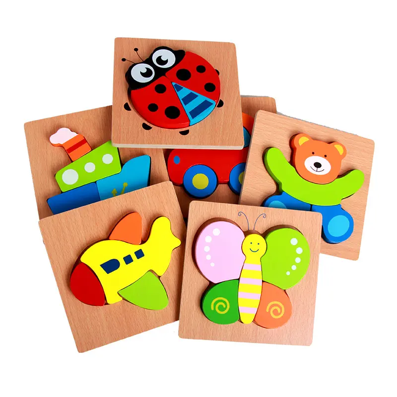 Montessori kids hand grab board 3d wooden cartoon animal vehicle building block & puzzle suppliers educational toy for toddler
