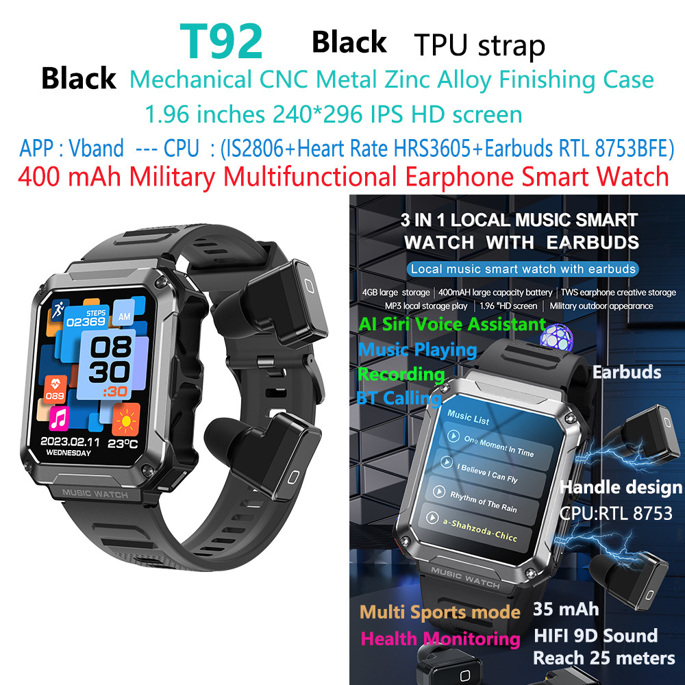 Reloj inteligente con auriculares T93-tws negros