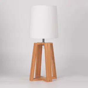Retro natural solid wooden base fabric shade home decor table desk lamp for study room
