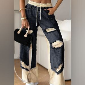 Pantalones Vaqueros Finos de Mezclilla Rasgados con Agujeros y Cordón Ajustable para Mujer, Estilo Urbano - Product Image 3