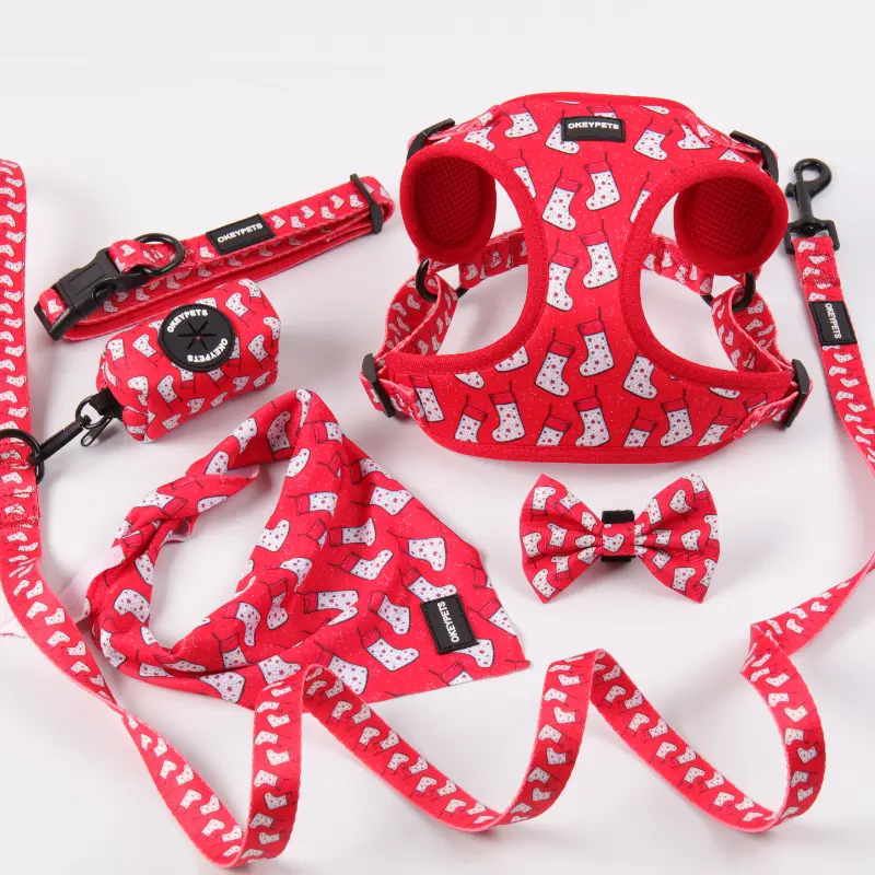 Personalized Product Cat Dog Harness Set Red Sock Neoprene Custom Step In Dog Collar Vest Harness Set