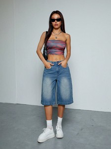 Shorts en <span class=keywords><strong>jean</strong></span> délavé bleu rétro pour <span class=keywords><strong>femme</strong></span>, coupe droite, style américain, décontracté et polyvalent, pantalon large, longueur cinq minutes. - Product Image 4