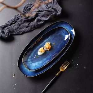 Blue Kiln Reactive Glaze Oval Sushi <b>Ceramic</b> <b>Plate</b> for Hotel Restaurant 12/14 Inch Dinner <b>Plate</b> Appetizer Serving Decorative Dish - Product Image 3