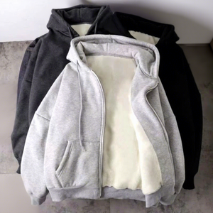 Men's Hooded Zip-Up Sweatshirt Oversized Fleece Lined Casual Winter Wear Solid Color Knitted Cotton Polyester Blend - Product Image 1