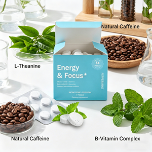 ยาเม็ดเปปเปอร์มินต์เพิ่มพลังงานและสมาธิแบบฉลากส่วนตัว คาเฟอีนธรรมชาติ แอล-ธีอะนีน อาหารเสริมโนโทรปิกแบบเคี้ยวได้ โรงงานรับผลิตแบบ OEM - Product Image 5
