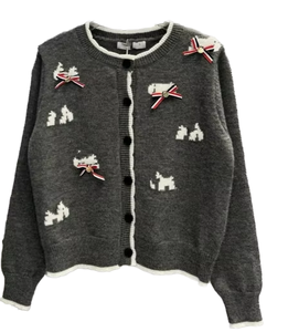 Cardigan décontracté d'été pour femmes grandes tailles, en tricot jacquard motif chiot avec nœud 3D, anti-boulochage, manches évasées, expédition immédiate - Product Image 1