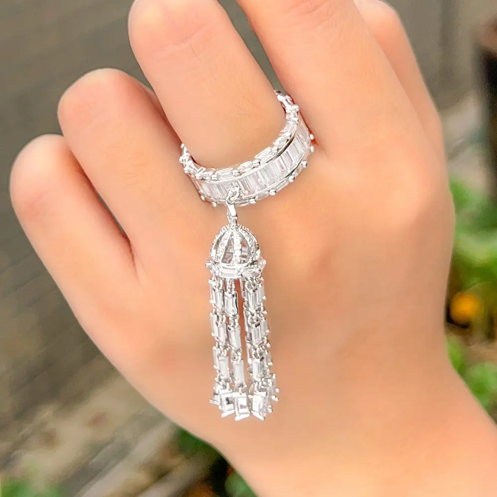 Thiết Kế Độc Đáo Tuyên Bố Sang Trọng Charms Chic Cubic Zirconia Cưới Dài Tua Ngón Tay Nhẫn Cho Phụ Nữ Bohemian Bãi Biển Đồ Trang Sức