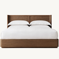 Lit king-size Rhoohill personnalisé de style américain, mobilier de chambre vintage, cadre en chêne blanc, tête de lit avec panneaux en rotin tressé, lit queen-size
