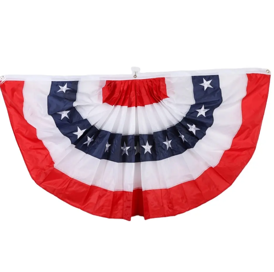 USA Pleated Fan Flag American US Bunting Flag Patriotic Half Fan Embroidery Banner Flag with Canvas