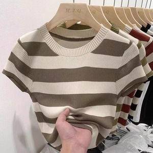 T-shirt Estiva da <span class=keywords><strong>Donna</strong></span> Trendy Verde Stile Vintage Vestibilità Regolare a Righe a <span class=keywords><strong>Maniche</strong></span> Corte in Maglia Spandex/Poliestere Taglia Unica - Vendita all'Ingrosso - Product Image 6