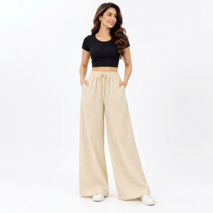 Pantalones Anchos Beige Premium para Mujer, Cintura Alta, Cordón Elástico, Logotipo, Casuales, Verano, Lino/Algodón, Lisos - Product Image 1