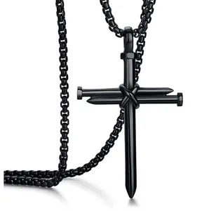 Mens Jewellery Black Stainless Steel Necklace Nail Cross Pendant-Chain Necklace Christian Church Baptism Gift for Men Wholesale