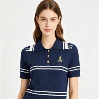 Pull en tricot pour femme style nautique, col polo, tricot torsadé, manches courtes, broderie ancre dorée, rayures blanches