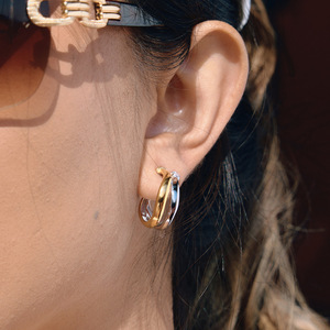 18K Gold And Stainless Steel Two-Tone Double Layer C Ring Hoop Earrings For Women Everyday Wear Jewelry - Product Image 2