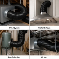 Tuyau flexible en PVC avec doublure en aluminium, renforcé par fil spiralé noir, pour ventilation, collecte d'air et évacuation CVC, conception graphique