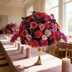 Boule de fleurs artificielles haut de gamme pour mariage, centre de table rose et violet en soie, réaliste, longue durée, fait main, pour fêtes - Product Image 3