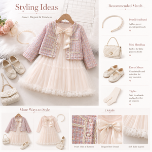 Completo 2 pezzi per <span class=keywords><strong>bambina</strong></span> 2026: Giacca in tweed francese a maniche lunghe e vestito in tulle traspirante per feste, abbigliamento <span class=keywords><strong>da</strong></span> principessa, boutique per bambini, lusso discreto - Product Image 4