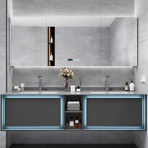 Meuble-lavabo mural gris moderne avec double vasque intégrée sans joint et armoire miroir LED intelligente anti-buée - Product Image 1