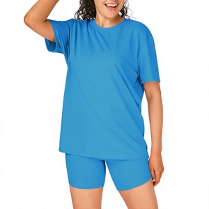 Women's Blue Color 2 Piece Sports Wear Summer <b>Set</b> Short Sleeve Crew Neck Loose Fit Casual Summer Top And Shorts Tracksuit Womens - Product Image 5