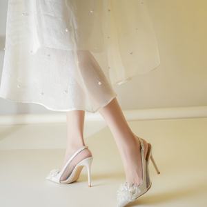Tempérament petite fleur blanche chaussures de <span class=keywords><strong>mariage</strong></span> pour femmes mode bouche légère tête pointue diamant brillant beaux talons aiguilles - Product Image 4