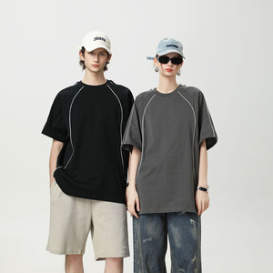 تي شيرت رجالي صيفي ثقيل الوزن من ماركة أزياء، 260 جرام، بأكمام راجلان متباينة الألوان، برقبة دائرية وأكمام قصيرة - Product Image 4