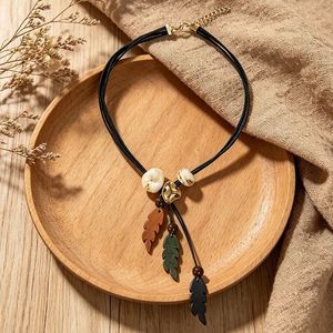 Double Black Leather Cord Necklace Multi Color Wooden Leaf Tassel Pendant White Irregular Beads Women Boho Vacation Neck Jewelry - Product Image 5