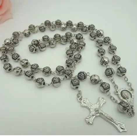 Vintage Jesus Cross Necklace Rose Ancient Silver Rosary Necklace Religion Christian Prayer Rosaryロザリオプラタcateneロザリオ
