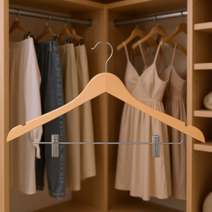 Percha de madera para ropa con muesca en el hombro para pantalones, faldas y vestidos, ahorradora de espacio en el armario, barra de acero inoxidable, diseño minimalista - Product Image 2