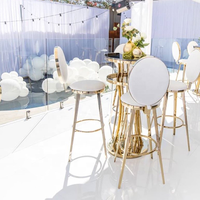 Tabouret de bar de mariage en acier inoxydable doré, dossier ovale solide, coussin en cuir blanc, chaise haute pour événements