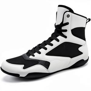 Chaussures de boxe montantes blanches et noires en mesh respirant à lacets pour hommes - Product Image 1