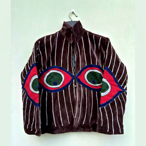 <b>Vintage</b> Artisan Velvet Embroidered Jacket With Evil Eye Pattern Full Sleeve <b>Stand</b> Collar Bohemian Women's Winter <b>Coat</b> - Product Image 1