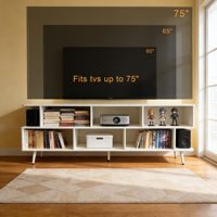 Meuble TV moderne de luxe à plusieurs niveaux en MDF blanc avec décorations dorées et chromées, table console de présentation avec compartiments de rangement pour salon