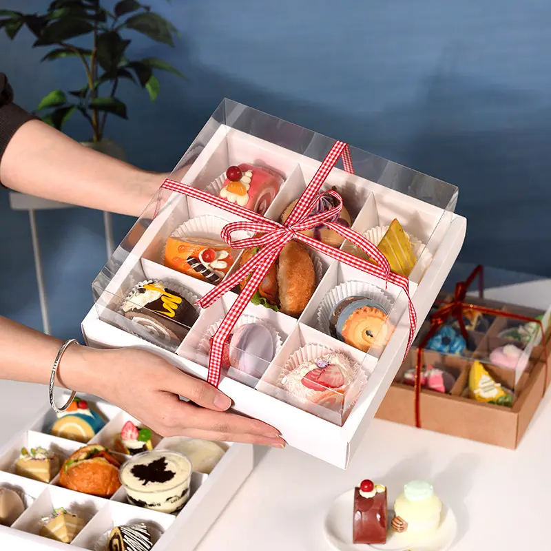 Caja de embalaje para Tartas de 9 orificios, conjunto de embalaje para guardar magdalenas, tartas, chocolate y macarrón, con ventana transparente de pvc