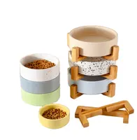 Керамическая миска для собак и кошек, миска с деревянной подставкой для еды и воды, Современная Милая миска для домашних животных, набор, круглая миска для кошек