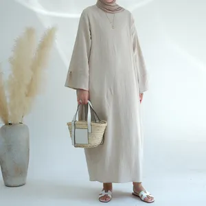 Vestido liso Mexizo de alta qualidade para mulheres, vestido de algodão de mangas compridas com bolsos, vestido abaya dubai muçulmano