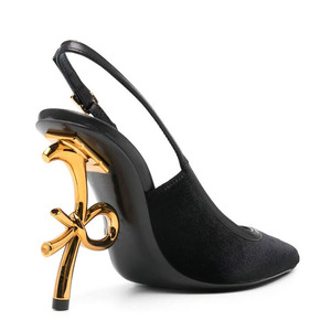 Sandalias de tacón alto de charol con punta en pico para mujer, estilo slingback, con lazo dorado y correa trasera metálica - Product Image 6