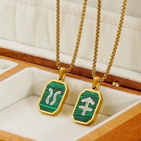 Collar de Cumpleaños con Letra del Zodiaco en Malaquita Verde de Lujo, Colgante Cuadrado de Acero Inoxidable para Mujer, con Incrustaciones Modernas