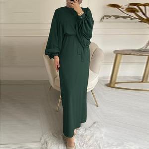 Venta al por mayor vestidos de túnica musulmana Abaya musulmana <span class=keywords><strong>Color</strong></span> sólido O-<span class=keywords><strong>beck</strong></span> suelta nueva moda mujeres Maxi Vestido de manga larga - Product Image 3