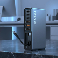 Chargeur mural GaN4 635W 5 ports USB 2 câbles Type-C intégrés Bloc de charge rapide multi-ports Max 140W PD Chargeur pour ordinateur portable et téléphone