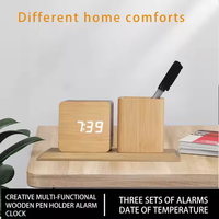 Horloge cube en bois, porte-stylo, affichage numérique de l'heure et de la température, commande vocale, couleur personnalisable pour bureau, fonction combinée