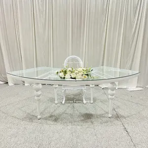 Conjunto de mesa de comedor de boda, con forma de s o redonda, patas de metal blancas, cristal transparente
