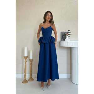 Elegante Vestido de Noche Azul Marino Corte A con Volantes y Tirantes de Perlas, Tela de Lino Transpirable, Escote Corazón - Product Image 5