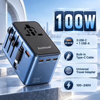 Adaptateur de voyage universel Kantravel 100W PD GaN, charge super rapide, 4 USB-C + 1 USB-A, chargeur portable avec câble rétractable