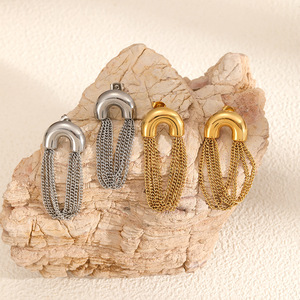 Boucles d'oreilles longues en forme de U avec chaîne à pampilles, plaquées or 18 carats, en acier inoxydable, pour femmes, bijoux de mode pour soirée - Product Image 1