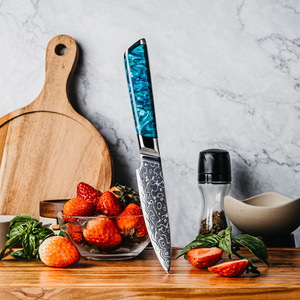 Cuchillo para Frutas <span class=keywords><strong>de</strong></span> 4 Pulgadas, 129 Capas <span class=keywords><strong>de</strong></span> Acero Damasco Japonés, Cuchillos Pequeños para Pelar Frutas, Cuchillo <span class=keywords><strong>de</strong></span> Chef para Cortar con Mango <span class=keywords><strong>de</strong></span> Resina Azul - Product Image 3