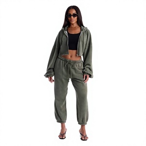 Women's 2 Piece Fleece Set Hooded <b>Crop</b> Top <b>Joggers</b> Loose Fit Solid Color Casual All Seasons Knitted Cotton Outfit - Product Image 1